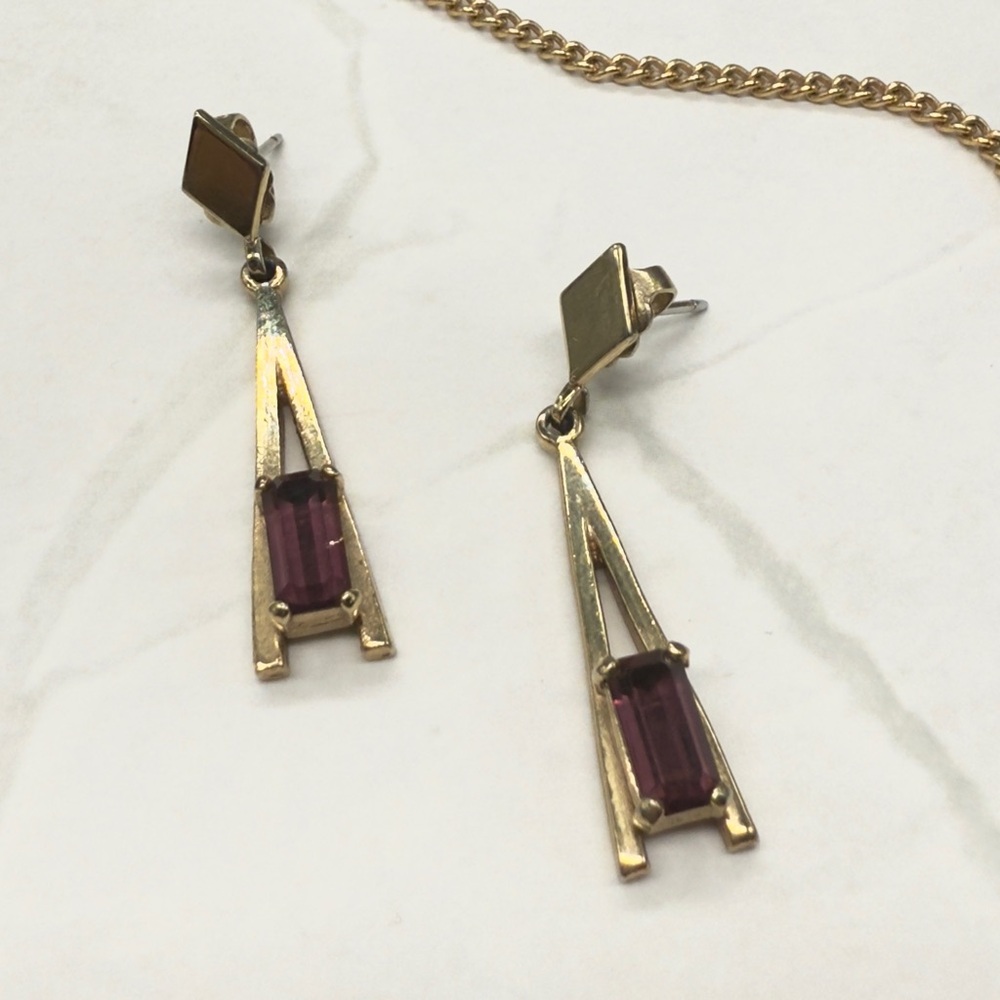 Avon Gold Tone Purple Glass Stone Gems Necklace Earrings Bracelet Set - Picture 9 of 16